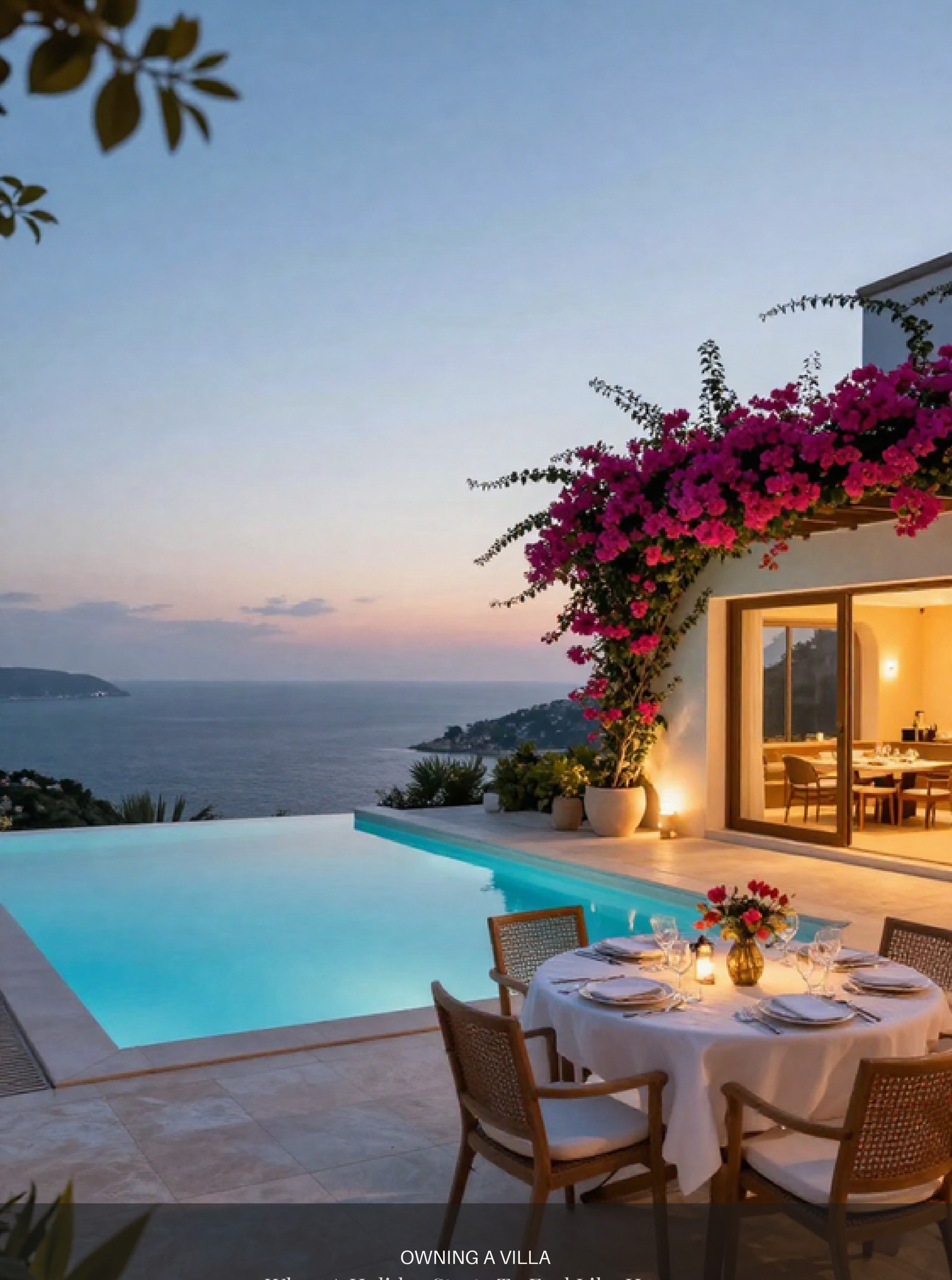 Luxury villa with infinity pool and bougainvillea at sunset on the Costa de Azahar